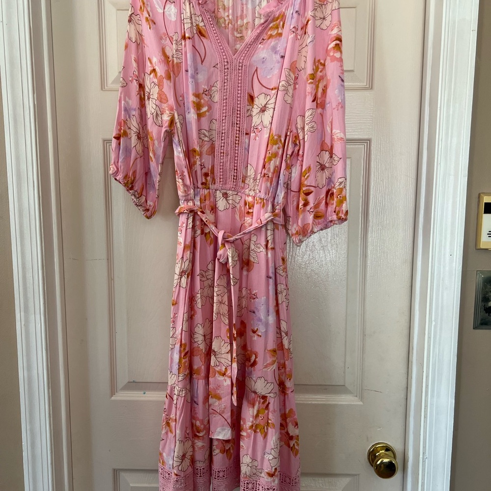 Pink and Orange Wrap Midi Dress with Bishop Sleeves By Fair Haven Sz L
